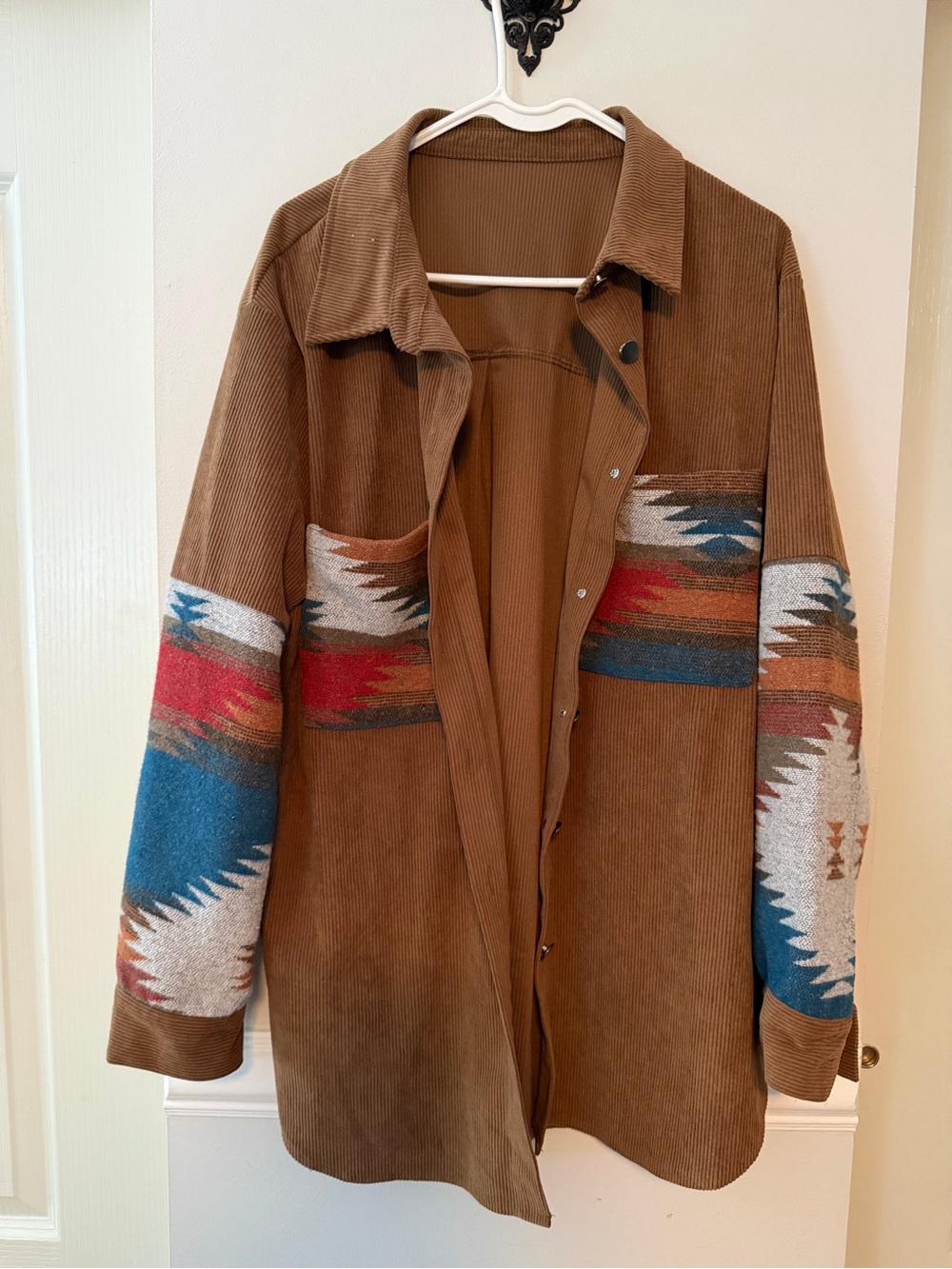 Brown Corduroy Shacket with Southwestern Stripe Accents